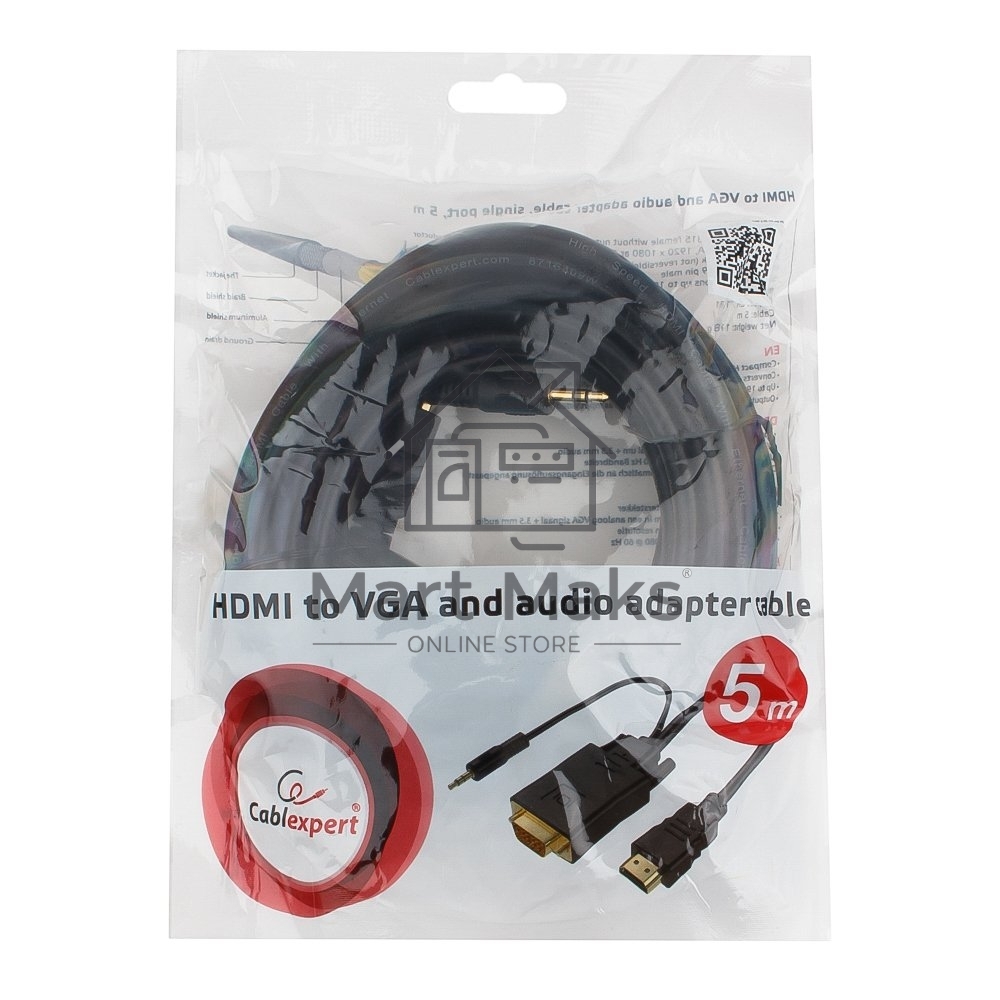 Кабель HDMI->VGA Cablexpert A-HDMI-VGA-03-5M, 19M/15M + 3.5Jack, медь, позол.разъемы, 5м, черный, пакет