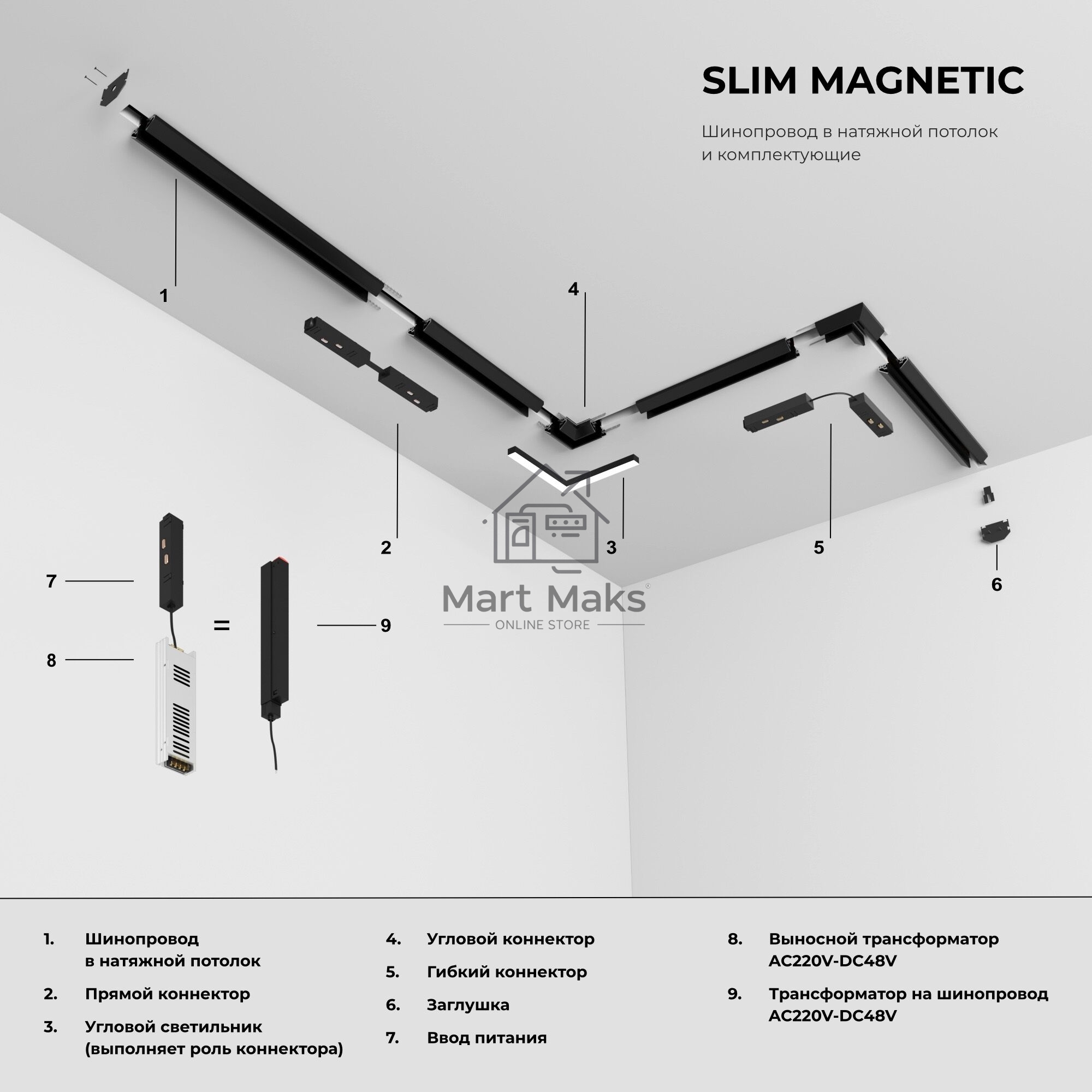 Slim Magnetic Комплект заглушек для шинопровода в натяжной потолок: торцевая и внутренняя (черный) 85233/00