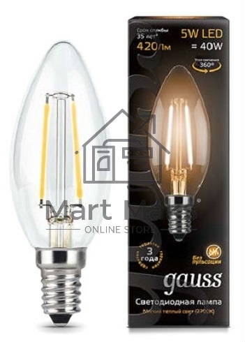 Лампа светодиодная GAUSS 103801105LED Filament Candle Е14 5Вт 2700к 1/10/50