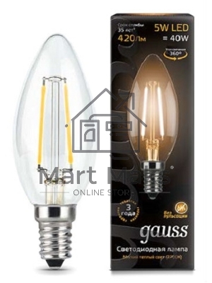 Лампа светодиодная Gauss 103801105LED Filament Candle Е14 5Вт 2700к 1/10/50