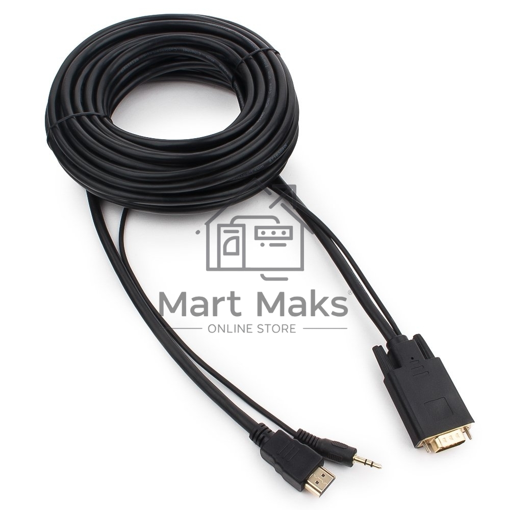 Кабель HDMI->VGA Cablexpert A-HDMI-VGA-03-10M, 19M/15M + 3.5Jack, медь, позол.разъемы, 10м, черный, пакет