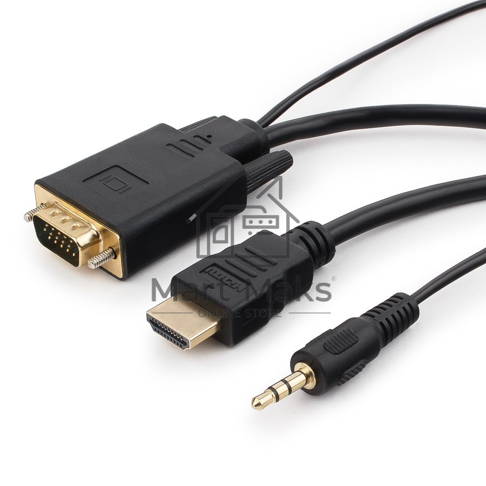 Кабель HDMI->VGA Cablexpert A-HDMI-VGA-03-10M, 19M/15M + 3.5Jack, медь, позол.разъемы, 10м, черный, пакет
