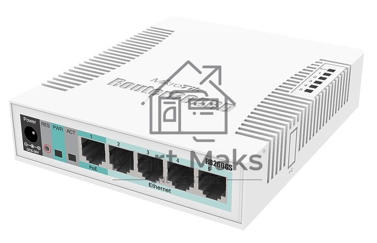 Сетевой коммутатор MikroTik RB260GS RouterBOARD 260GS 5-port Gigabit smart switch with SFP cage, SwOS, plastic case, PSU