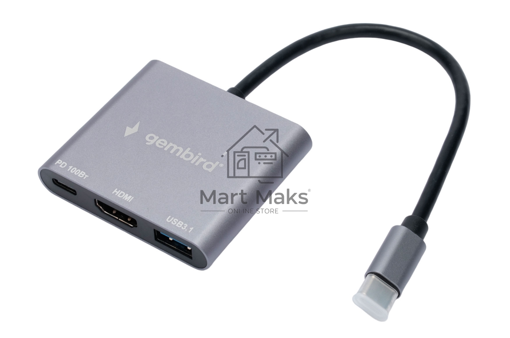 Док-станция Type-C Gembird UHB-D2, 3в1: USB3.1, Type-C PD100W, HDMI, кабель 15см, алюминий