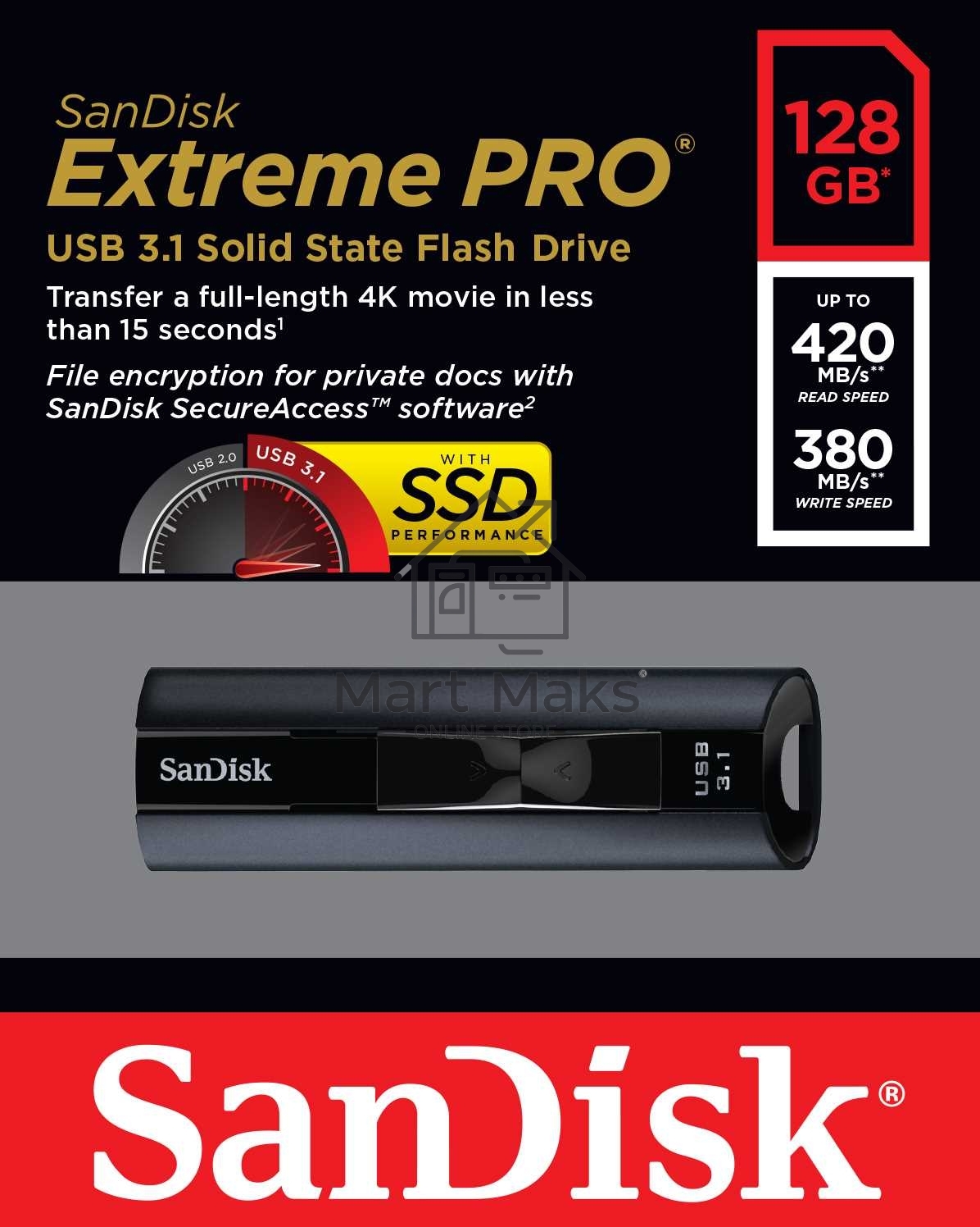 Флешка USB R/W R/W 128GB SanDisk CZ880 Cruzer Extreme Pro, USB 3.1, Металлич., черный