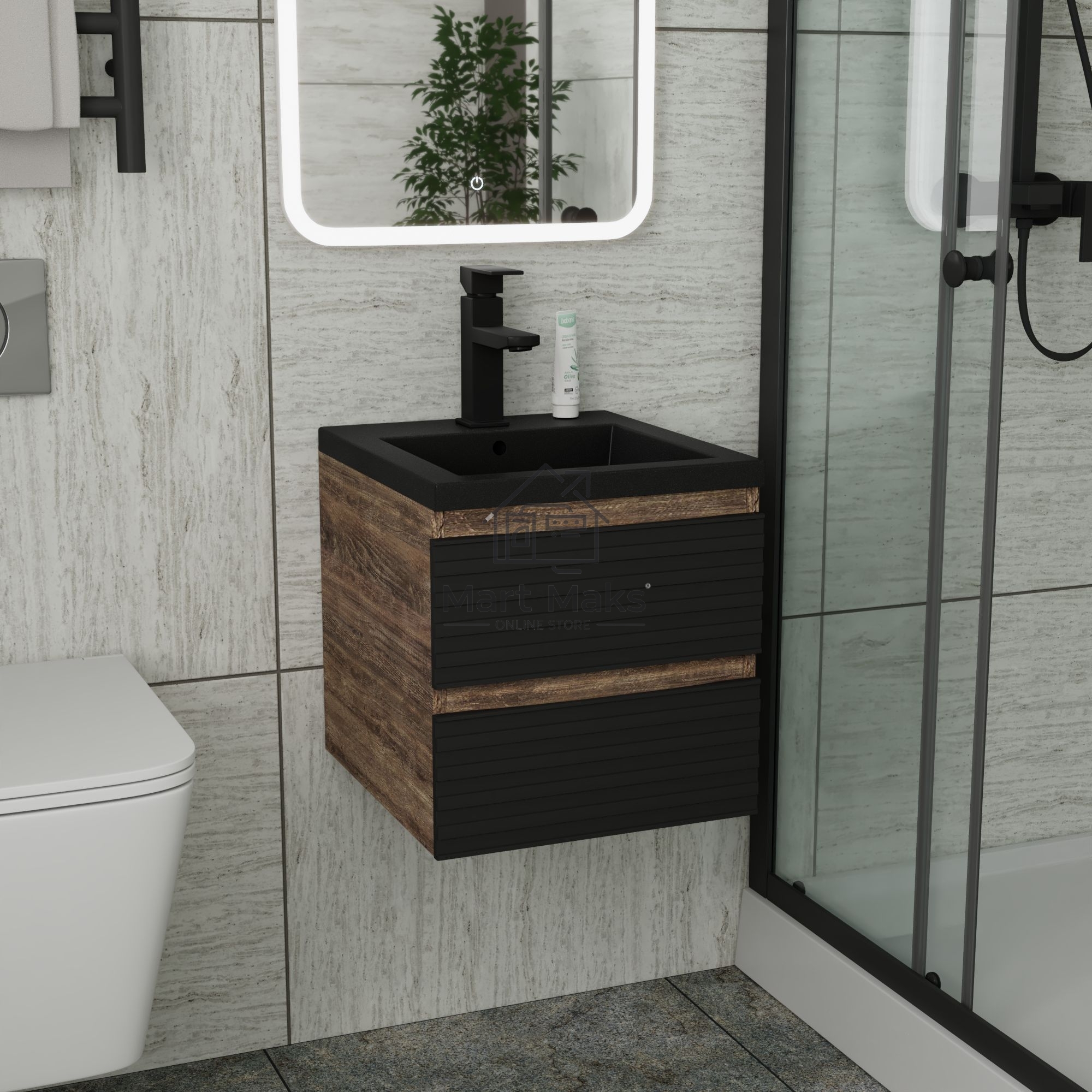 Тумба под раковину Bau Stil Loft black brushed, раковина кварцевая BAU Stil 40, черный металлик