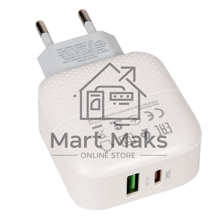 Зарядное устройство BOROFONE BA46A Premium, один порт USB, один порт Type-C, PD, 18W, 5V, 3.0A, белый