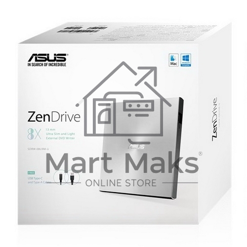 Привод DVD-RW Asus SDRW-08U9M-U серебристый USB slim ultra slim M-Disk Mac внешний RTL