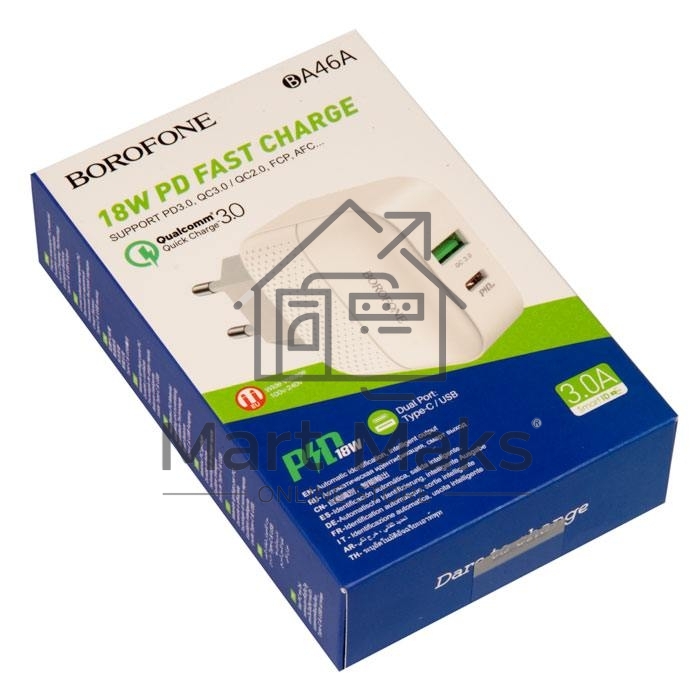 Зарядное устройство BOROFONE BA46A Premium, один порт USB, один порт Type-C, PD, 18W, 5V, 3.0A, белый