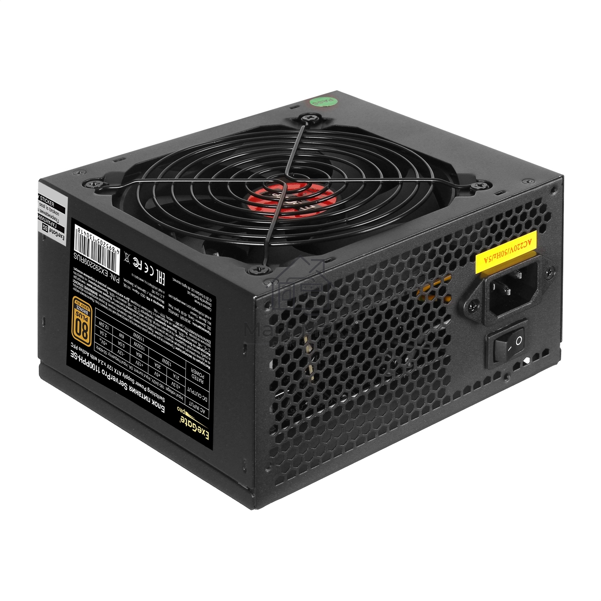 Серверный блок питания 1100W ExeGate EX292209RUS ServerPRO 80 PLUS Bronze, 1100PPH-SE (ATX, for 3U+ cases, APFC, КПД 89% (80 PLUS Bronze), 12cm fan, 24pin, 2x(4+4)p, 6xPCI-E, 8xSATA, 4xIDE, box, black)