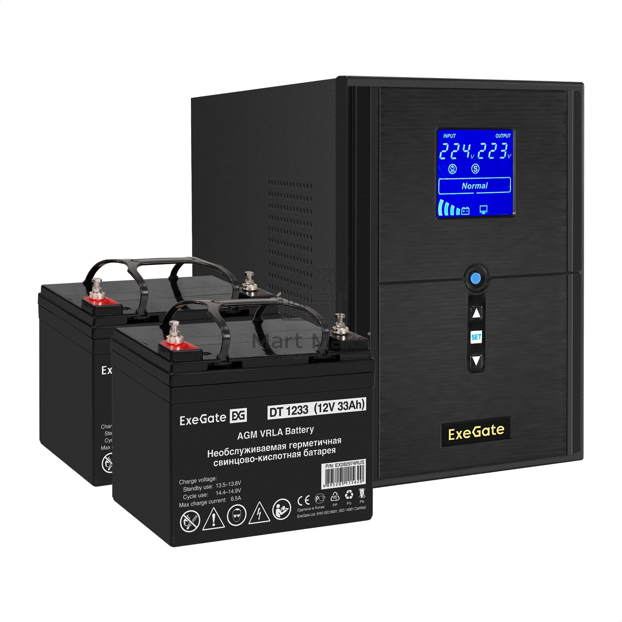 Комплект ИБП EX295989RUS + батарея 33Aч EX282974RUS 2шт (инвертор, синус, для котла) ExeGate SineTower SZ-2000.LCD.AVR.3SH.1C13.USB <2000VA/1600W, чистый синусоида, LCD дисплей, AVR, 3*Schuko+1*C13, USB, линейно-интерактивный, Black> + батарея ExeGate DT 