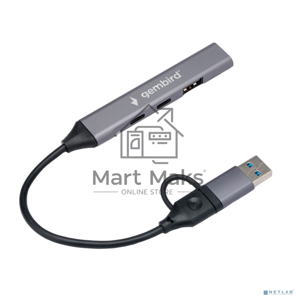 Разветвитель USB 3.0/2.0 Gembird, 4 порта: 2хType-C, 1хUSB 3.0, 1хUSB 2.0, кабель Type-C+USB