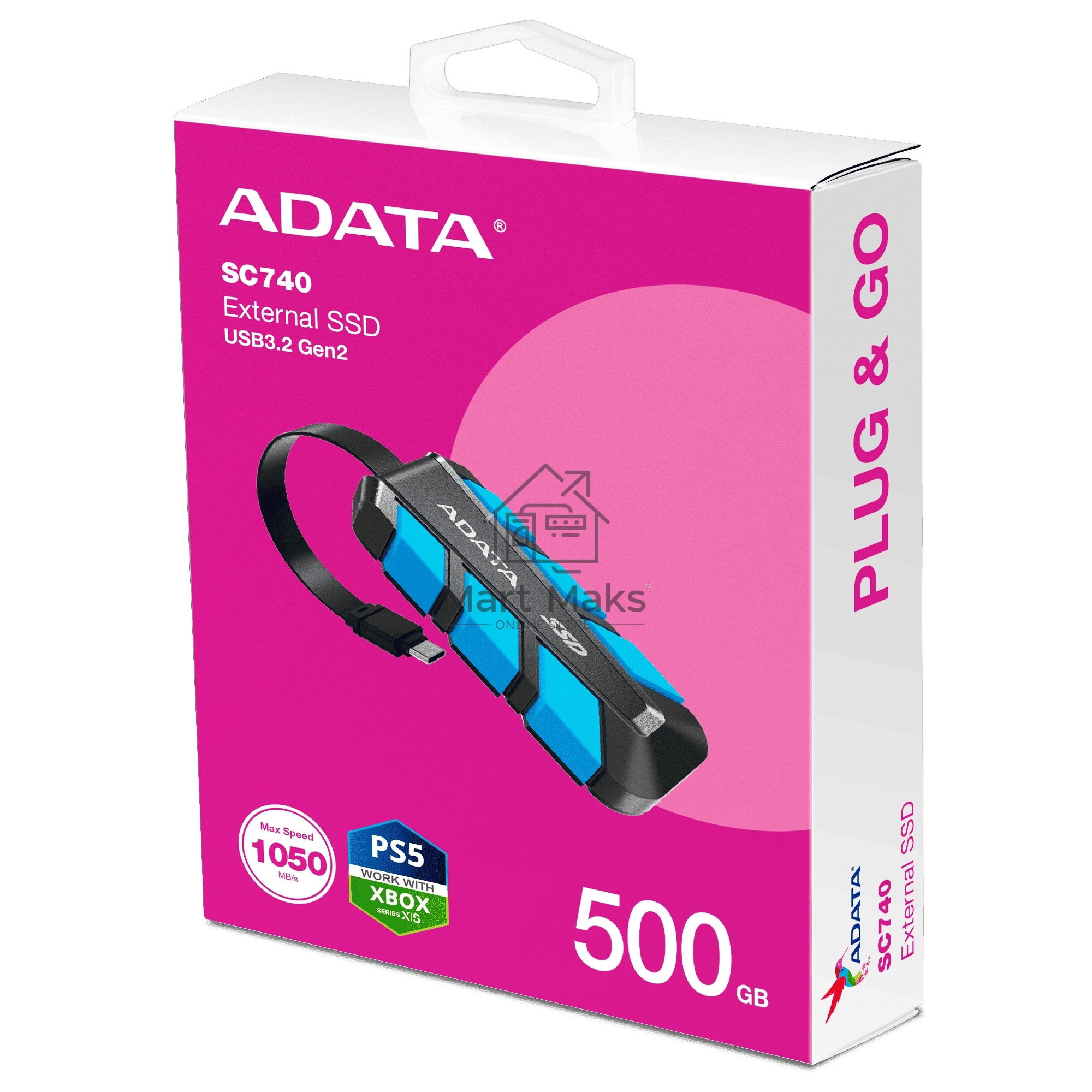 Внешний SSD ADATA SC740 чёрно-синий <SC740-500G-CBU> 500Gb (USB3.2 gen 2 type C, 1050/1000Mbs, 122x41x22mm, 40g, защита от падения, встроенный кабель)