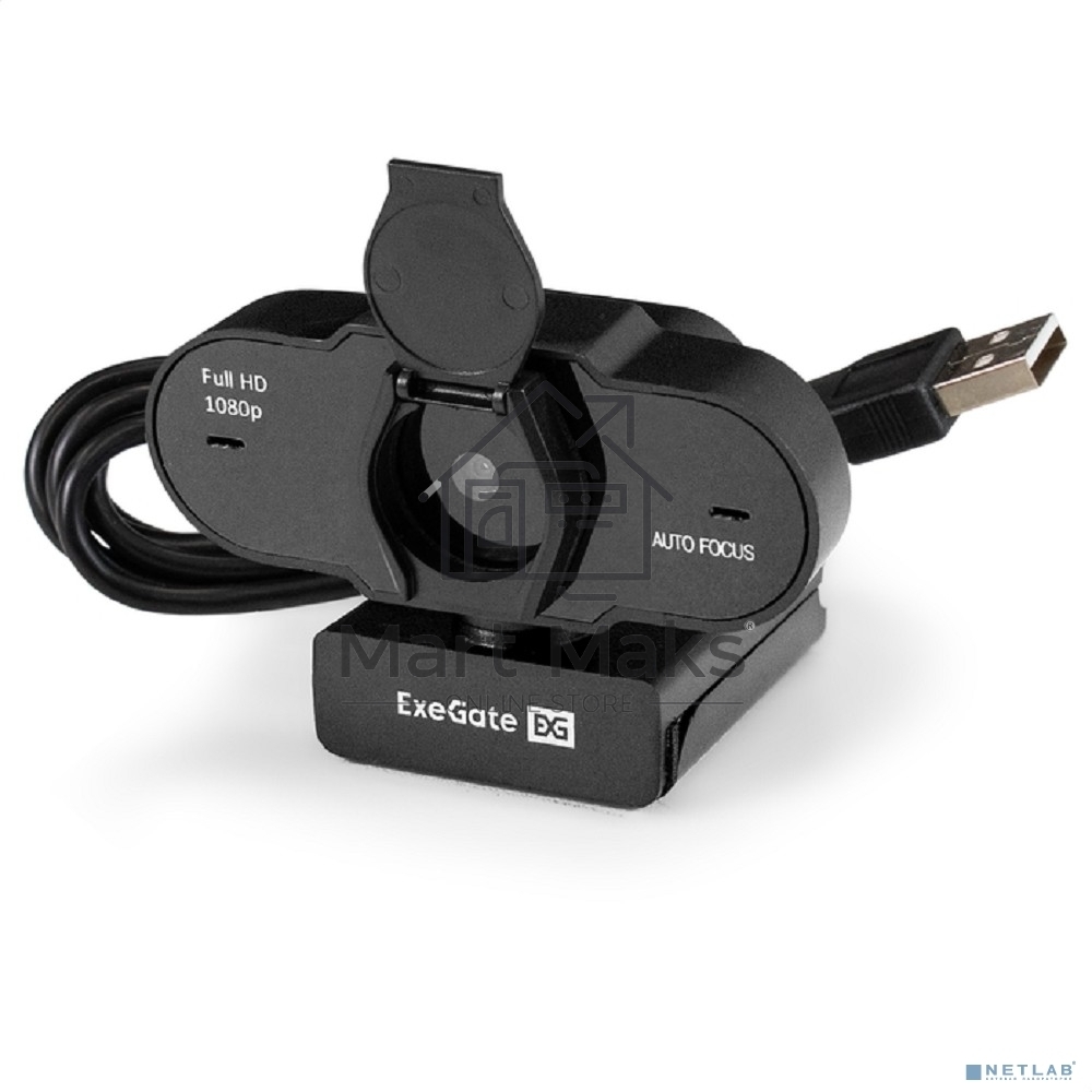 Веб-камера ExeGate BlackView C931 Full HD AF (2Мп, 1920х1080, 1080P, 30fps, автоматический фокус, защитная шторка, 4-линзовый объектив, микрофон с шумоподавлением, универсальное крепление, отверстие под штатив, USB, кабель 1,5 м, Windows 7/8/10/11, Mac OS