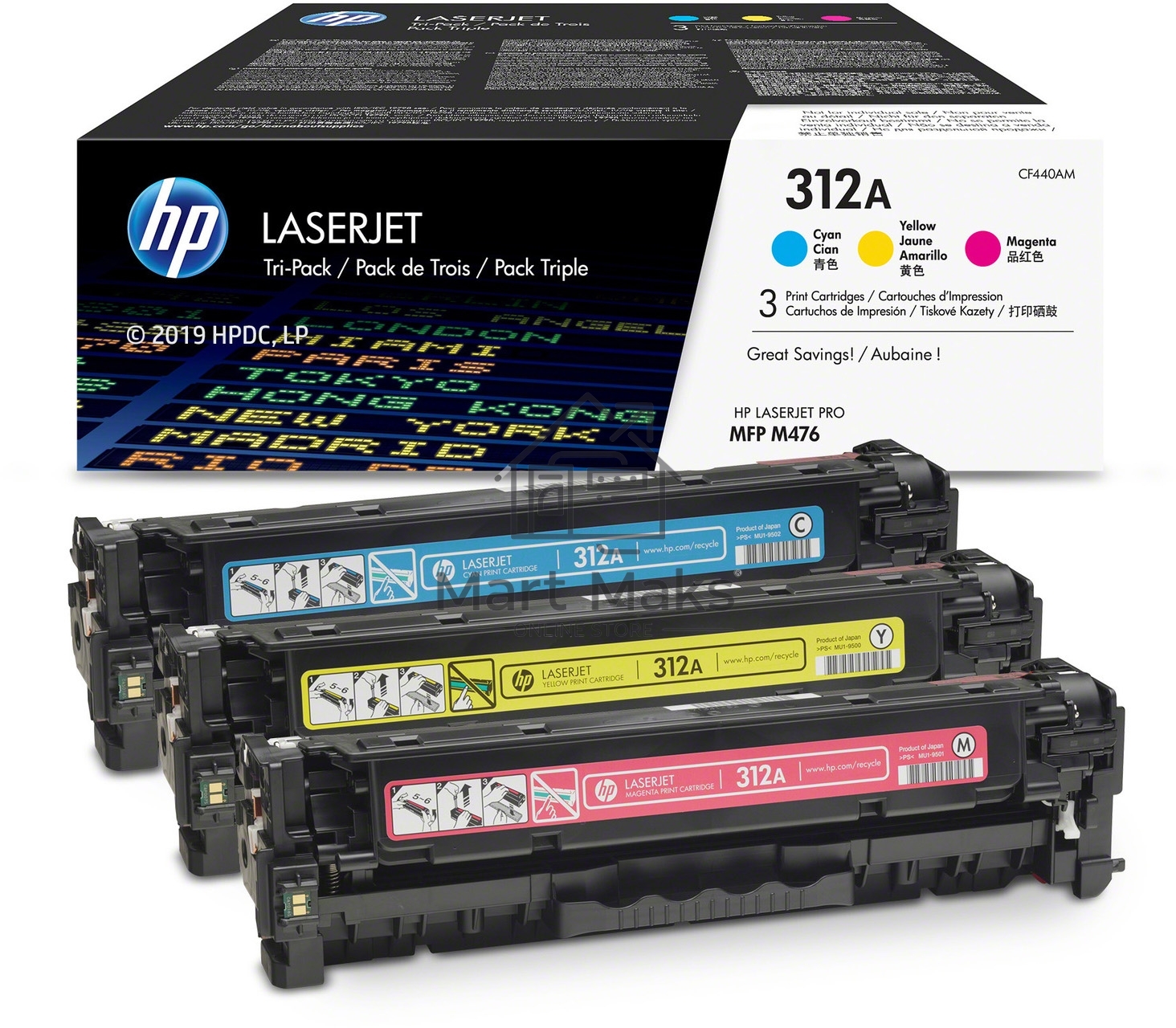 Картридж лазерный набор Hewlett-Packard 312A CF440AM голубой, желтый, пурпурный для HP CLJ Pro M476 2400стр.
