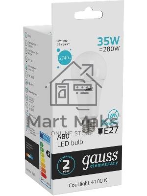 Лампа светодиодная Gauss Elementary A67 35Вт цок.:E27 груша 220B св.свеч.белый.нейт. А67 (упак.:10шт)