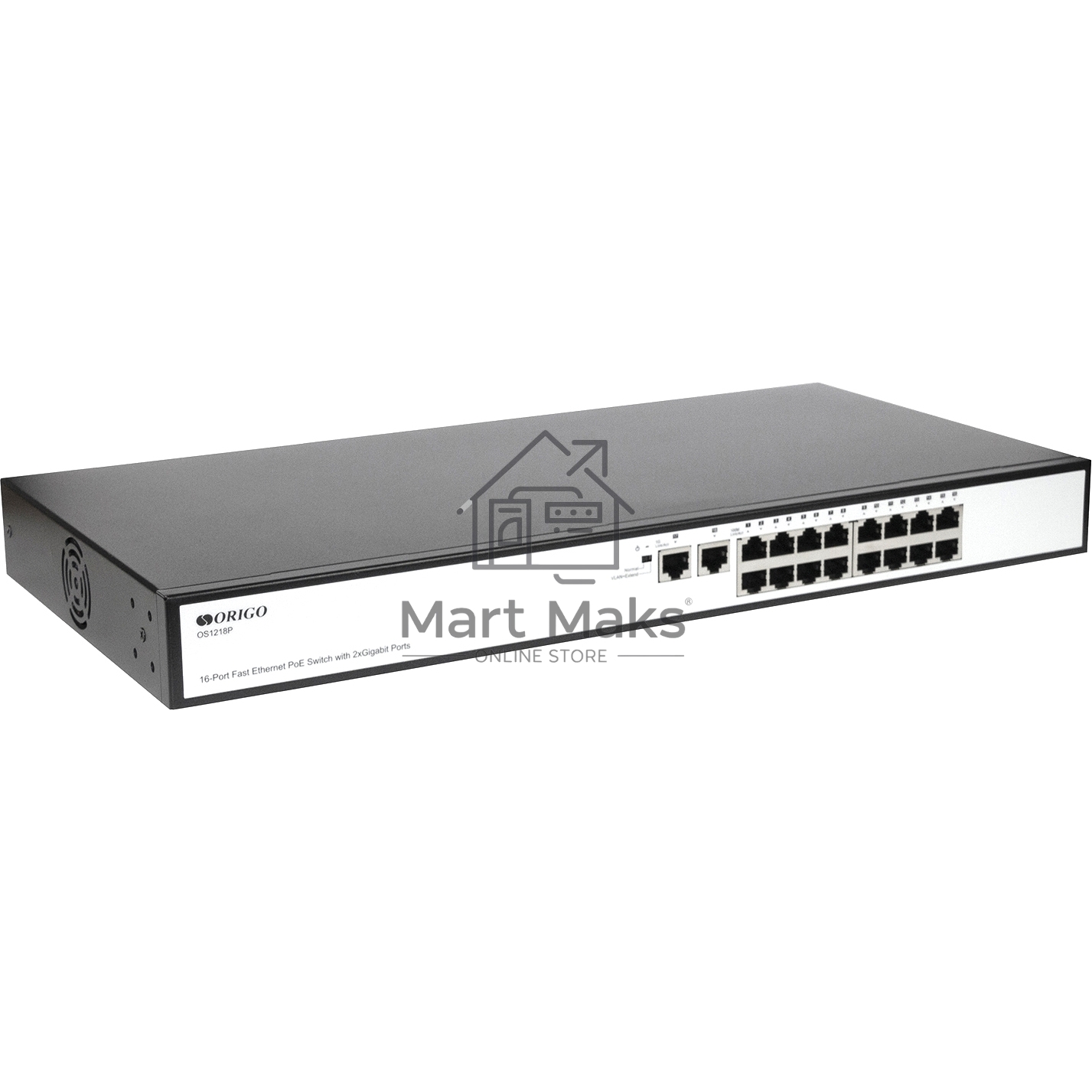 Неуправляемый PoE-коммутатор ORIGO OS1218P/190W/A1A 16x100Base-TX PoE+, 2x1000Base-T, PoE-бюджет 190 Вт, корпус металл
