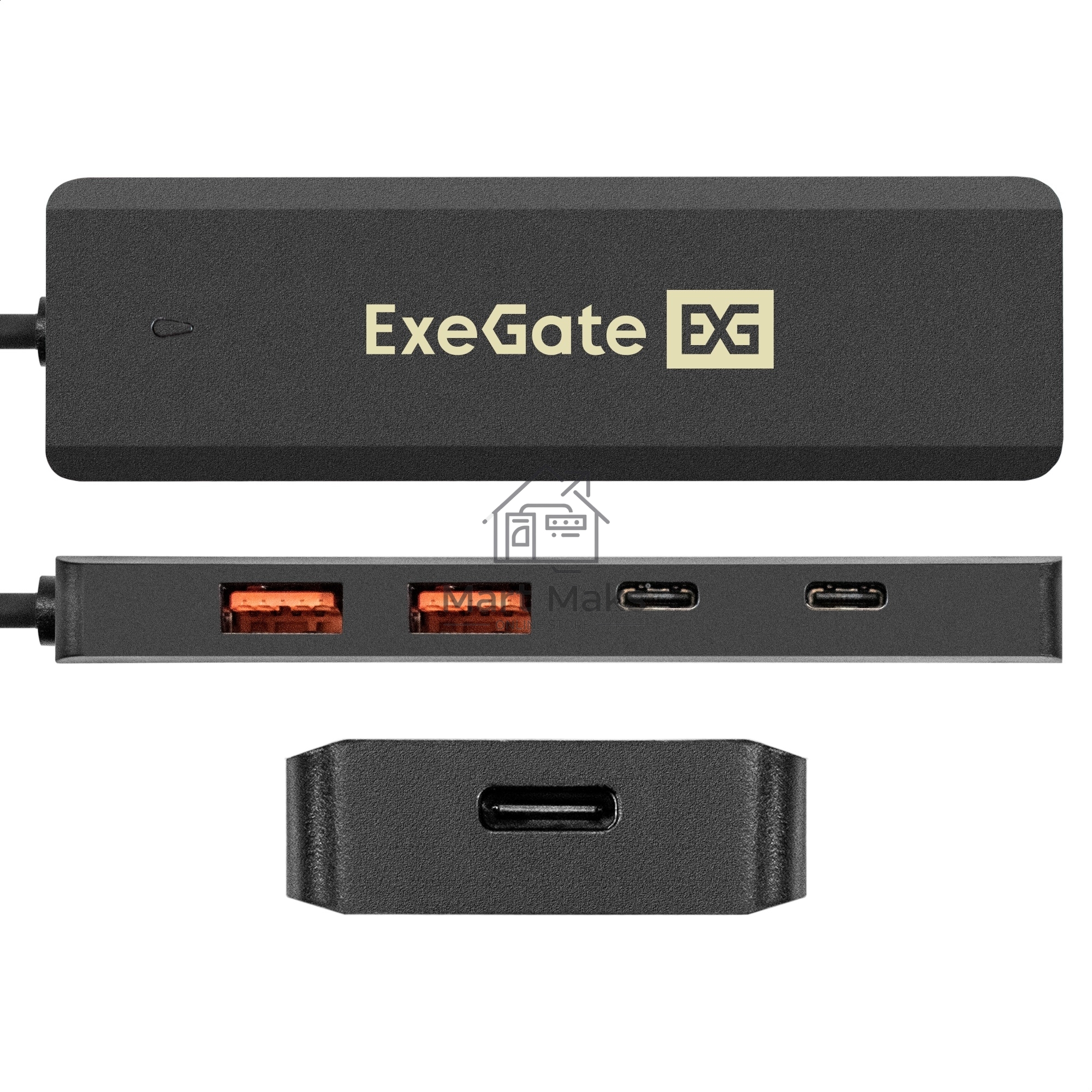 USB-Хаб (концентратор) 4-в-1 ExeGate DUB-2C2P/10G (кабель-адаптер USB 3.2 Gen2 Type C --> 2xUSB3.2 Gen2 Type-A (10G)/2xUSB3.2 Gen2 Type-C (10G), SuperSpeed+ USB 10Gbps, Plug&Play, черный)