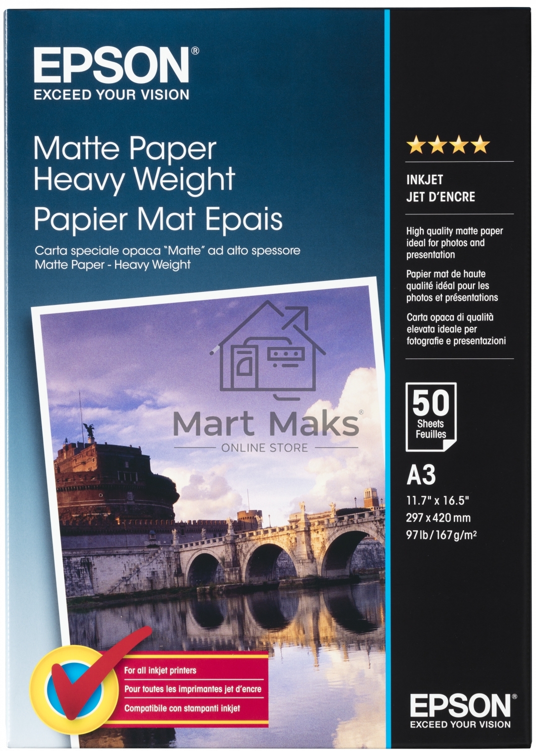 Фотобумага Epson C13S041261 A3/167г/м2/50л плотная матовая ярко-белая