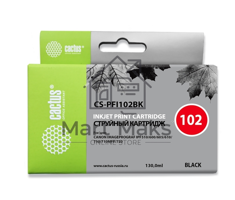Картридж струйный Cactus CS-PFI102BK черный (130мл) для Canon iPF500/iPF600/iPF700/ MFP M40/iPF765/LP17/LP24