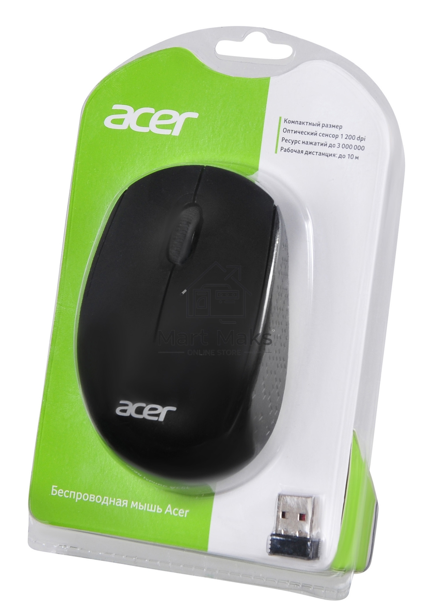 Мышь беспроводная Acer OMR020 черный, 1200 dpi, радиоканал, USB, кнопки - 3