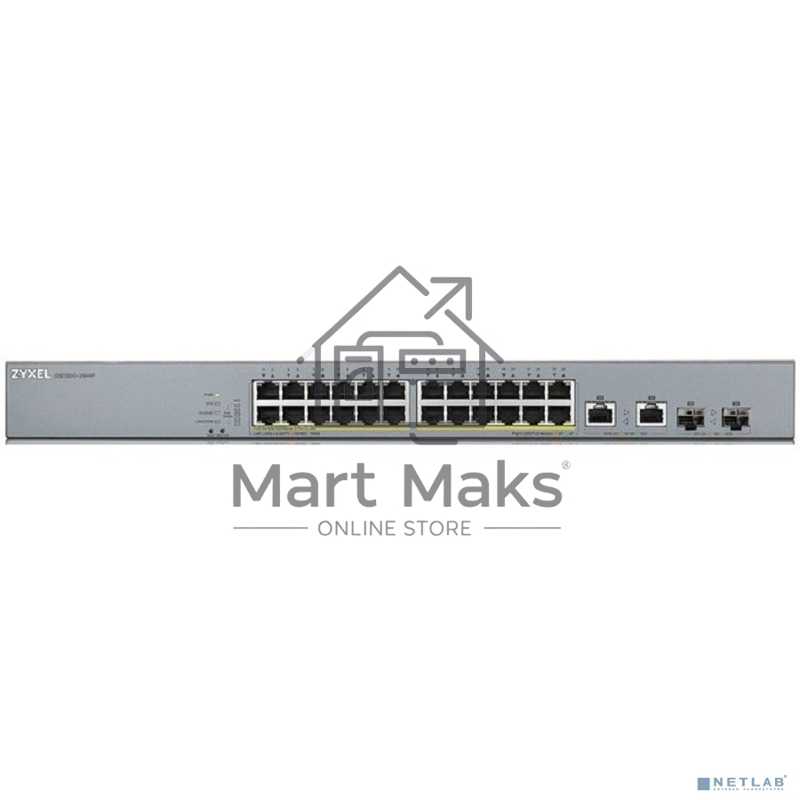 Коммутатор Zyxel GS1350-26HP, 24xGE PoE+, 2xCombo (SFP/RJ-45), бюджет PoE 375 Вт, дальность передачи питания до 250 м, автоперезагрузка PoE-портов, повышенная защита от перенапряжений и электростатических разряд
