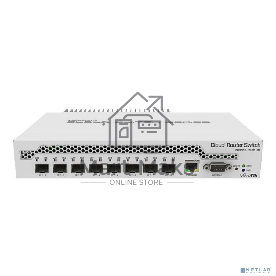 Коммутатор MikroTik CRS309-1G-8S+IN 8 SFP+, dual-core 800MHz CPU, 512MB RAM, POE, RS232 serial port