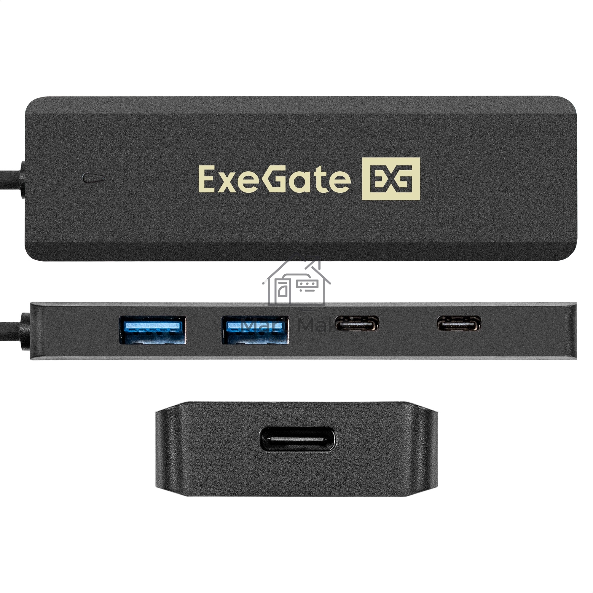USB-Хаб (концентратор) 4-в-1 ExeGate DUB-2C2P/5G (кабель-адаптер USB 3.2 Gen1 Type C --> 2xUSB3.2 Gen1 Type-A (5G)/2xUSB3.2 Gen1 Type-C (5G), SuperSpeed USB 5Gbps, Plug&Play, черный)