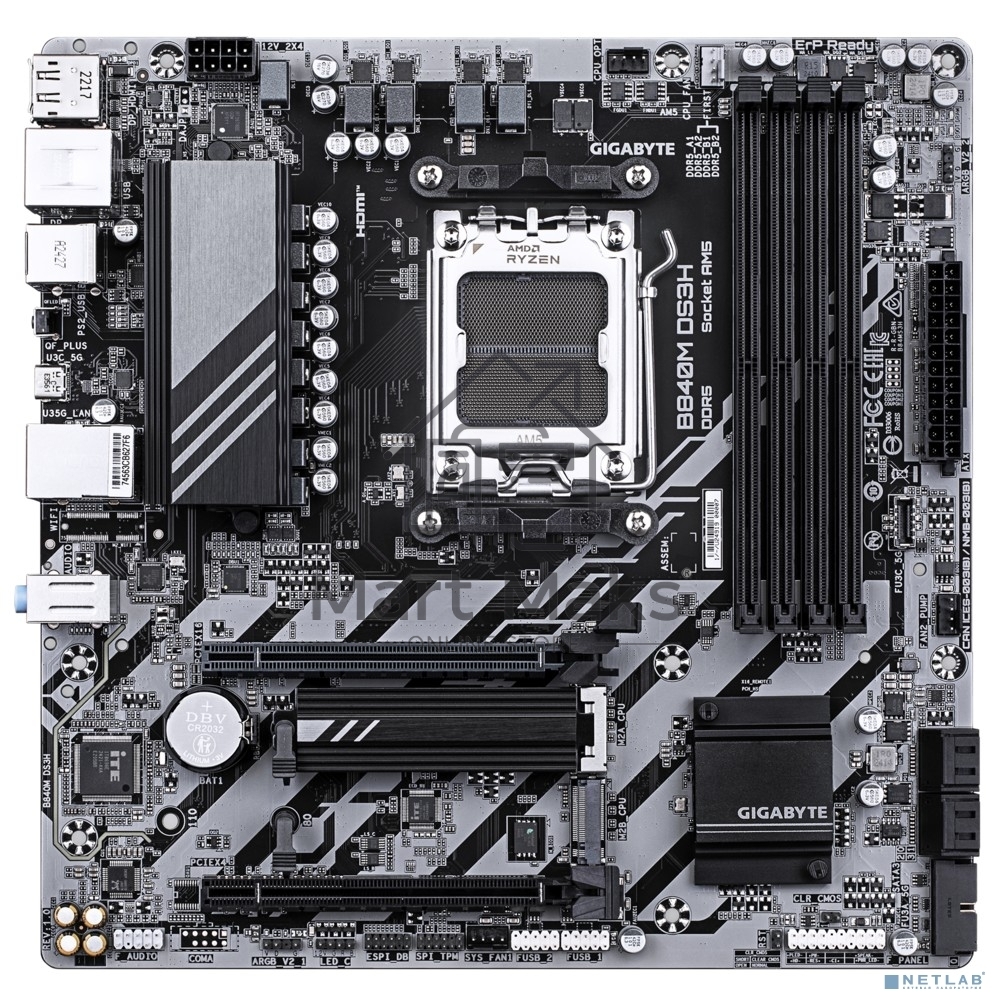 Материнская плата Gigabyte B840M DS3H, AM5, AMD B840, 4xDDR5, 4xSATA, 2xM.2, 1xPCIe 4.0 x16, 1xPCIe 3.0 x4, 2xDP, 1xHDMI, 1x2.5Gb LAN, 3xUSB-A 5Gbps, 8xUSB-A 2.0, 1xUSB-C 5Gbps, 3x3.5 мм, 7.1, mATX