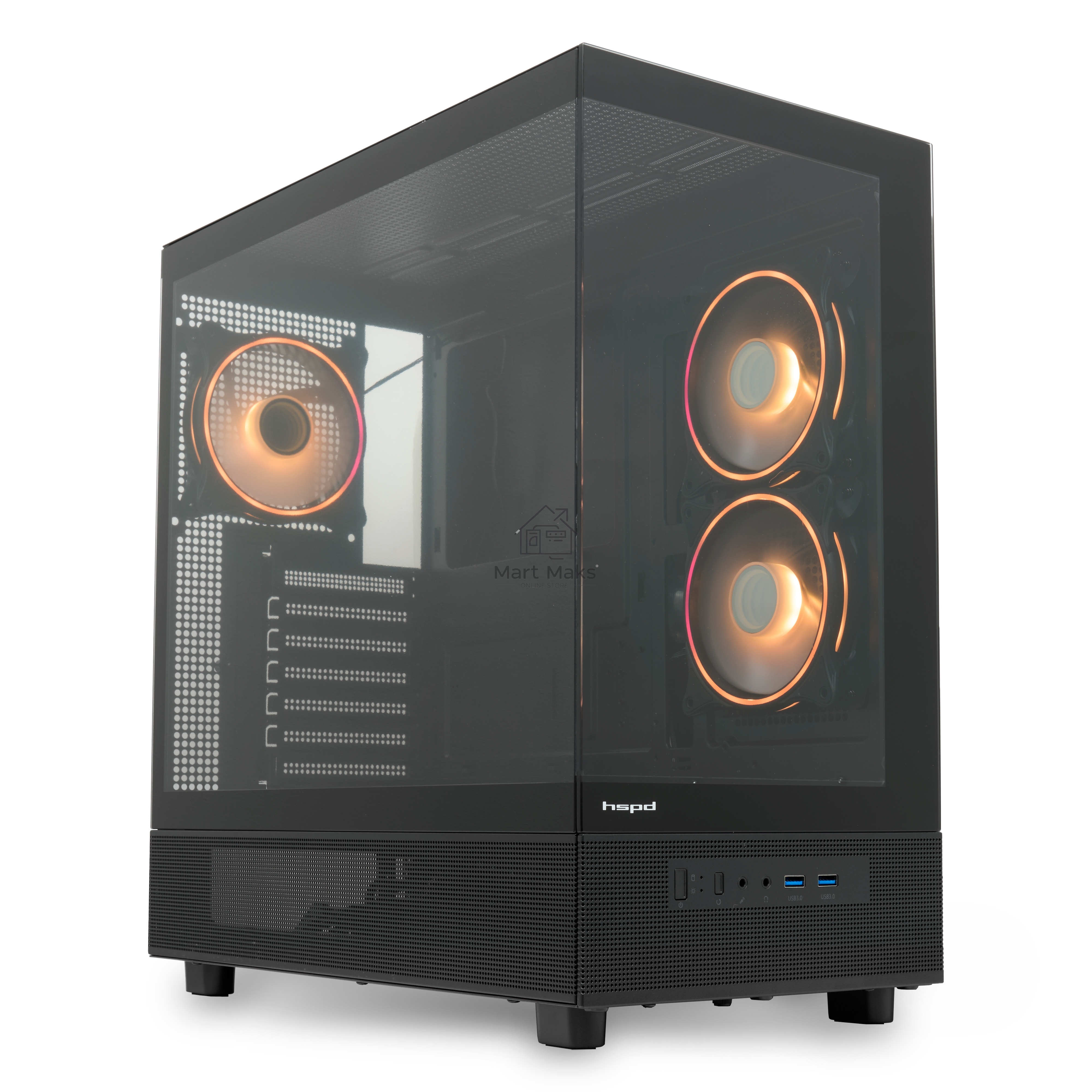 Компьютерный корпус  HSPD F710, Panoramic Mid Tower, черный, TG, 0.5 SPCC, 3x120mm ARGB E-ATX, ATX, mATX, mITX 185/395/270mm 2x2.5