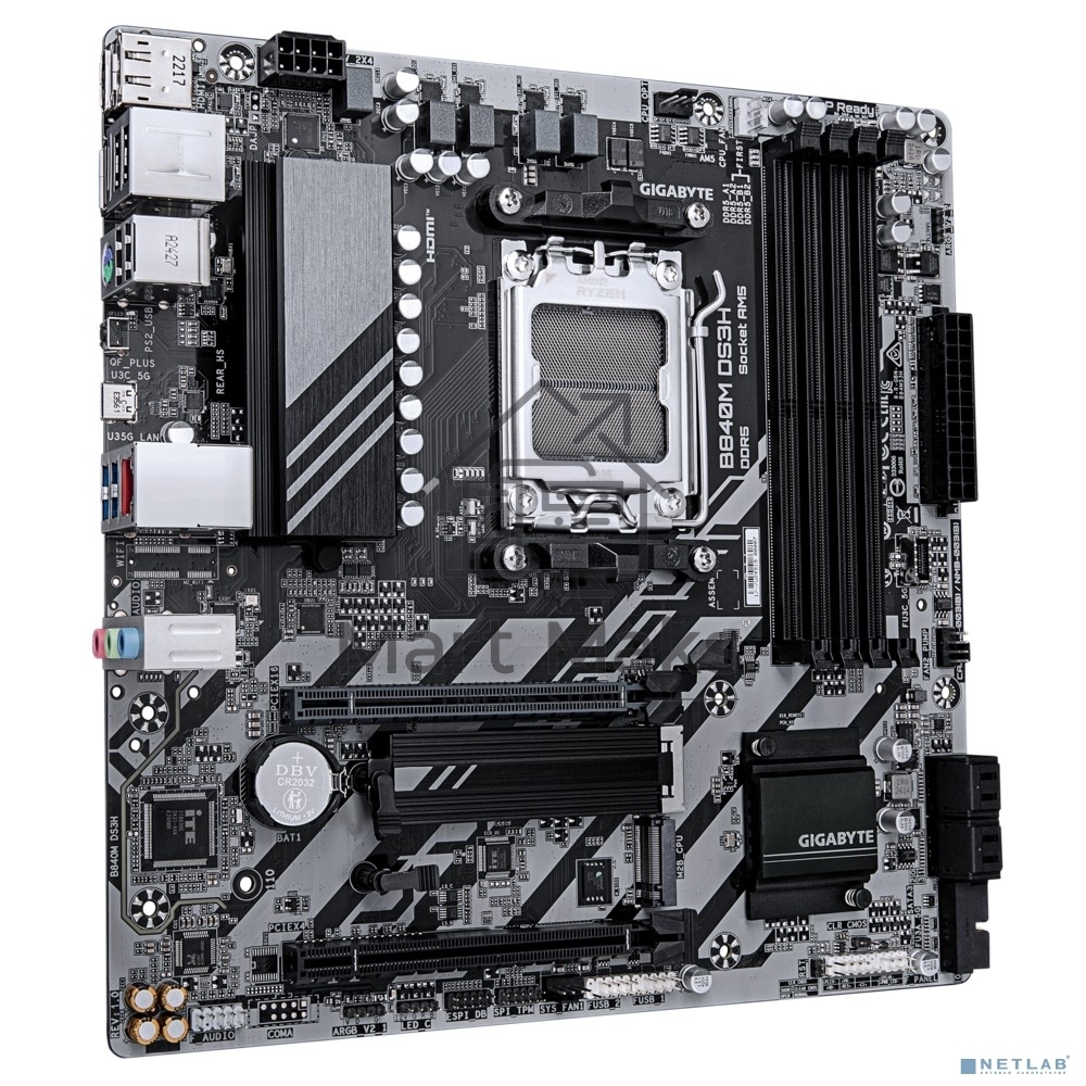 Материнская плата Gigabyte B840M DS3H, AM5, AMD B840, 4xDDR5, 4xSATA, 2xM.2, 1xPCIe 4.0 x16, 1xPCIe 3.0 x4, 2xDP, 1xHDMI, 1x2.5Gb LAN, 3xUSB-A 5Gbps, 8xUSB-A 2.0, 1xUSB-C 5Gbps, 3x3.5 мм, 7.1, mATX