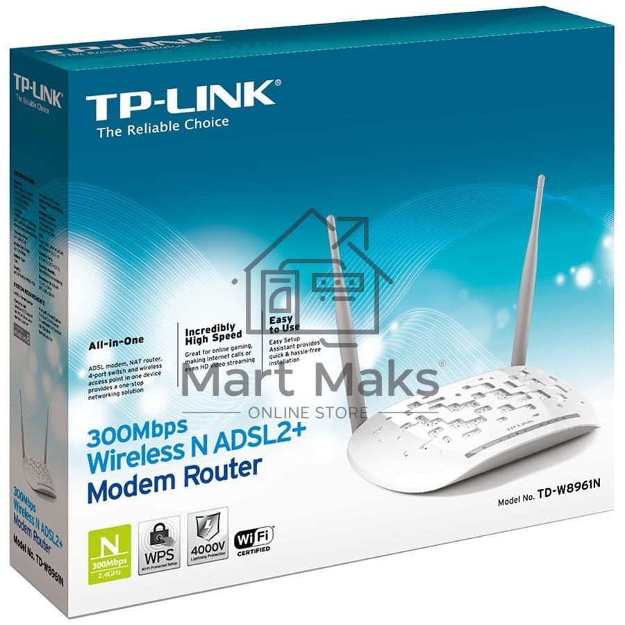 Сетевое оборудование TP-Link SOHO TD-W8961N(RU) 300 Мбит/с, 2T2R, ADSL2/ADSL+, Annex A, 4 порта 100 Мбит/с