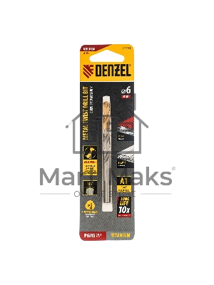 Сверло спиральное по металлу Denzel 6 x 93мм, Р6М5, Golden Tip