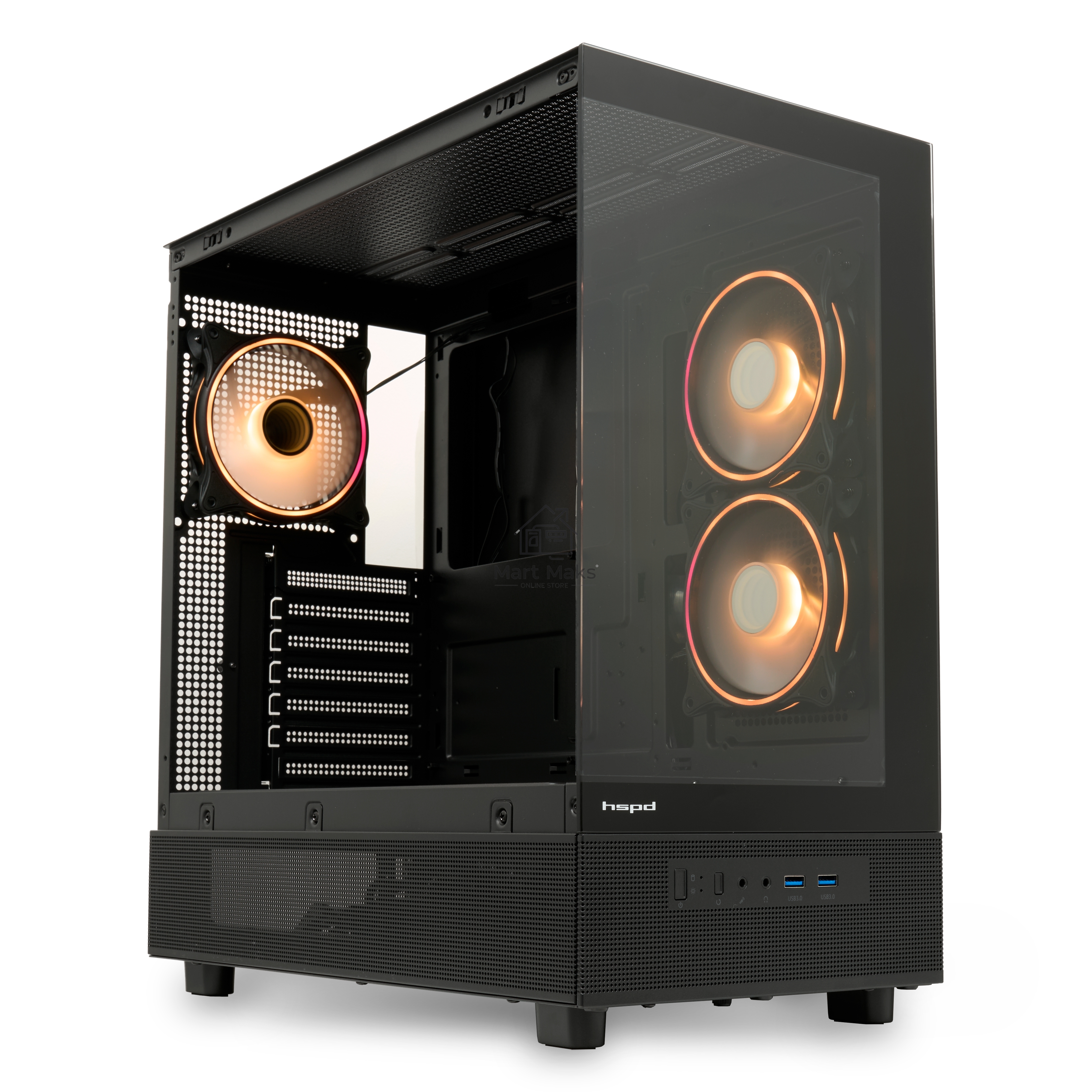 Компьютерный корпус  HSPD F710, Panoramic Mid Tower, черный, TG, 0.5 SPCC, 3x120mm ARGB E-ATX, ATX, mATX, mITX 185/395/270mm 2x2.5