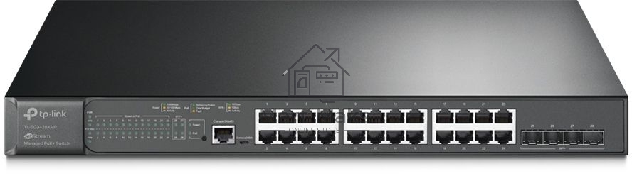 Коммутатор TP-Link 24-port Gigabit Managed PoE switch with 4 10G SFP+ ports, support 802.3af/at PoE, 1 console port, 19-inch rack mount, support L2/L2+ features.