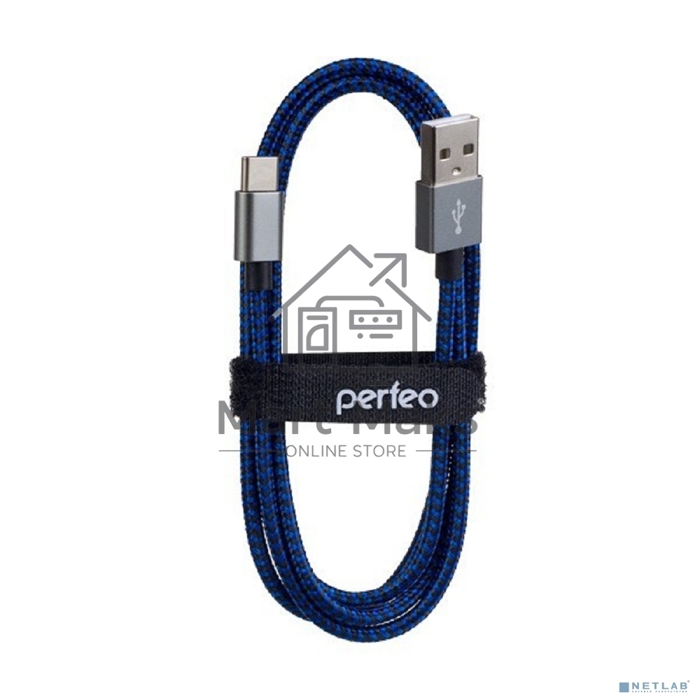 Кабель PERFEO USB2.0 A вилка - USB Type-C вилка, черно-синий, 3 м. (U4904)