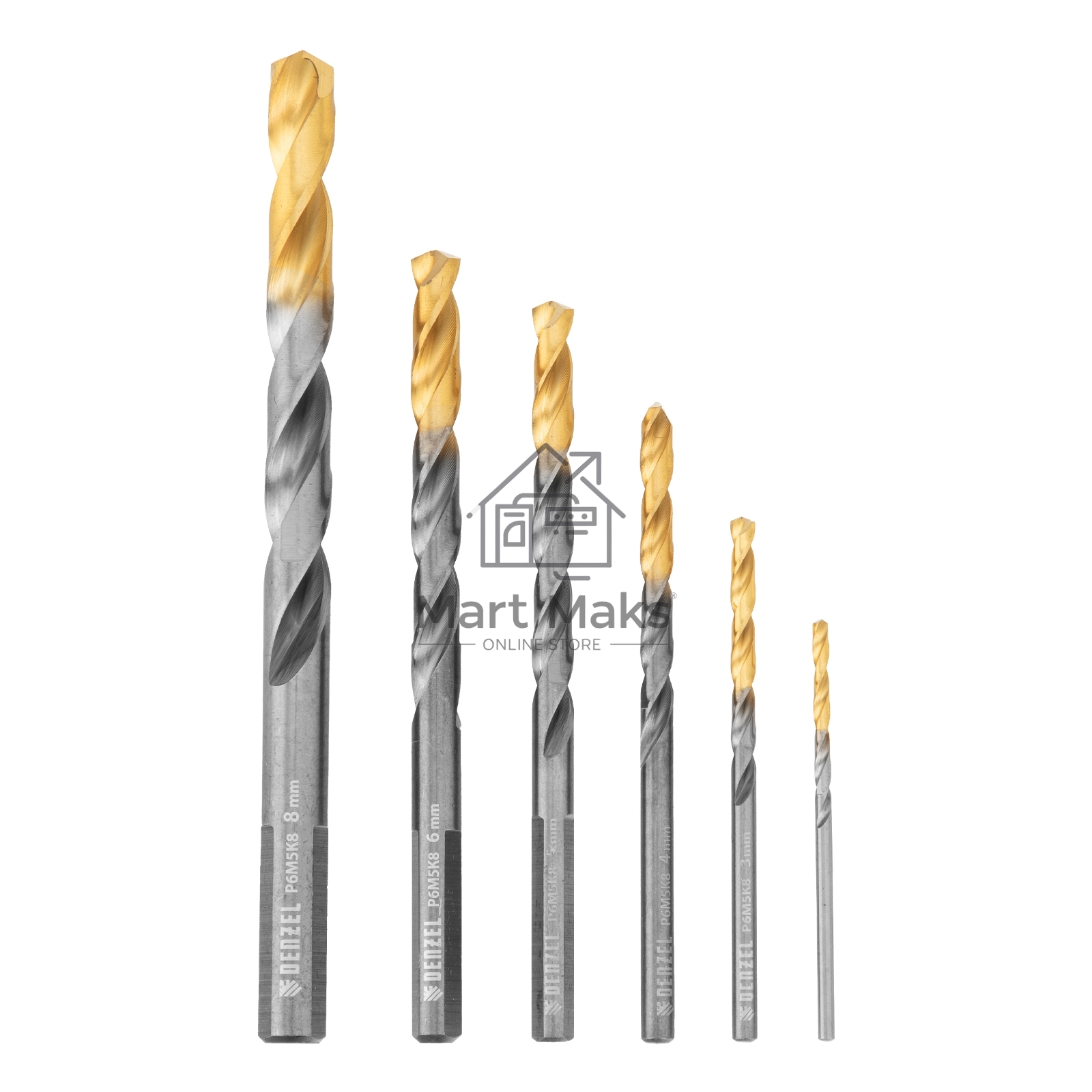Набор сверл по металлу Denzel 2-8мм, Р6М5К8-TiN, Golden Tip, 6 шт 723004