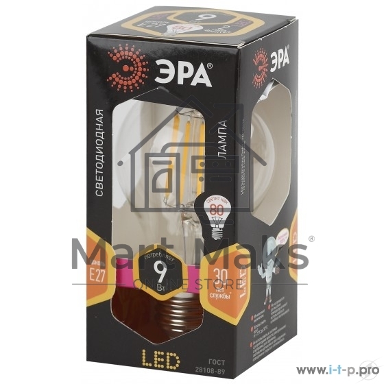Лампа светодиодная ЭРА F-LED A60-9W-827-E27 (филамент, груша, 9Вт, тепл, Е27)