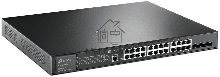 Коммутатор TP-Link 24-port Gigabit Managed PoE switch with 4 10G SFP+ ports, support 802.3af/at PoE, 1 console port, 19-inch rack mount, support L2/L2+ features.
