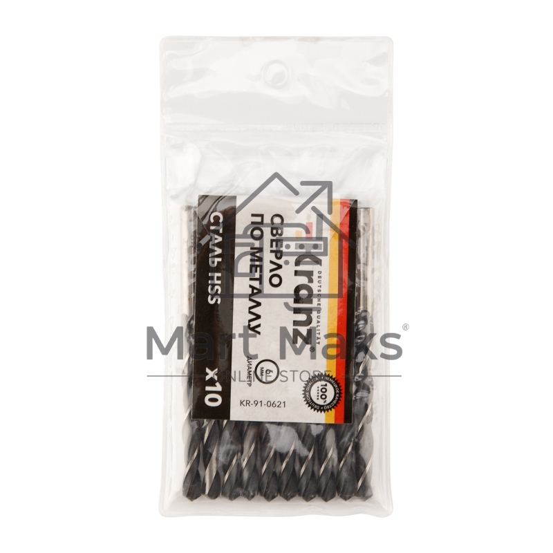 Сверло по металлу Kranz 6,0х93х57 мм HSS (10 шт. в упаковке) DIN 338