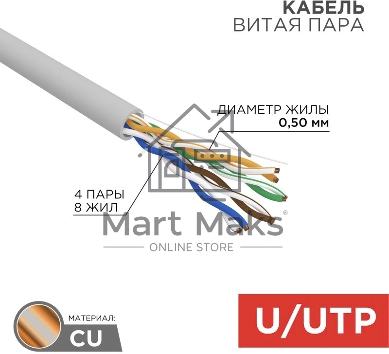 Кабель витая пара Rexant U/UTP, категория 5e, ZH нг(А)-HF, 4PR, 24AWG, внутренний, серый, 305 м