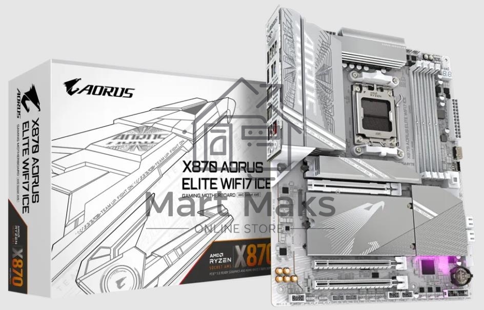 Материнская плата Gigabyte X870 AORUS ELITE WIFI7 ICE, AM5, AMD X870, 4xDDR5, 4xSATA, 4xM.2, 1xPCI-E 5.0 x16, 1xPCI-E 4.0 x4, 1xPCI-E 3.0 x2, 1xHDMI, 1x 2.5Gb LAN, 2xUSB-C 4.0, 2xUSB 3.2 Gen 2, 4xUSB 3.2 Gen 1, 4xUSB 2.0, 2x3.5 мм, 7.1, ATX