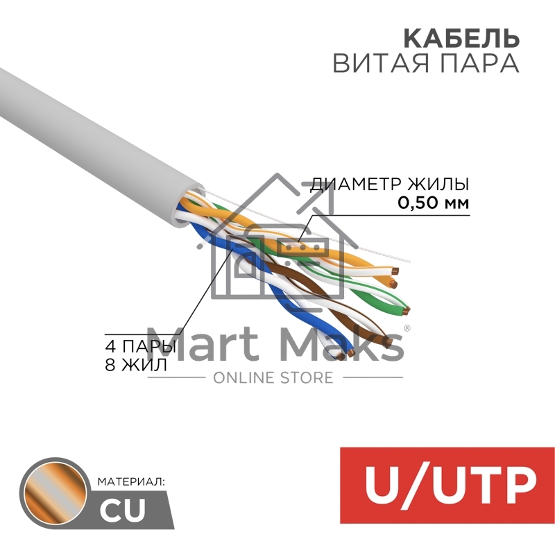 Кабель витая пара Rexant U/UTP, cat.5e, PVC нг(А)-LS, 4х2х0,52мм, 4PR, 24AWG, INDOOR, SOLID, серый, 305м
