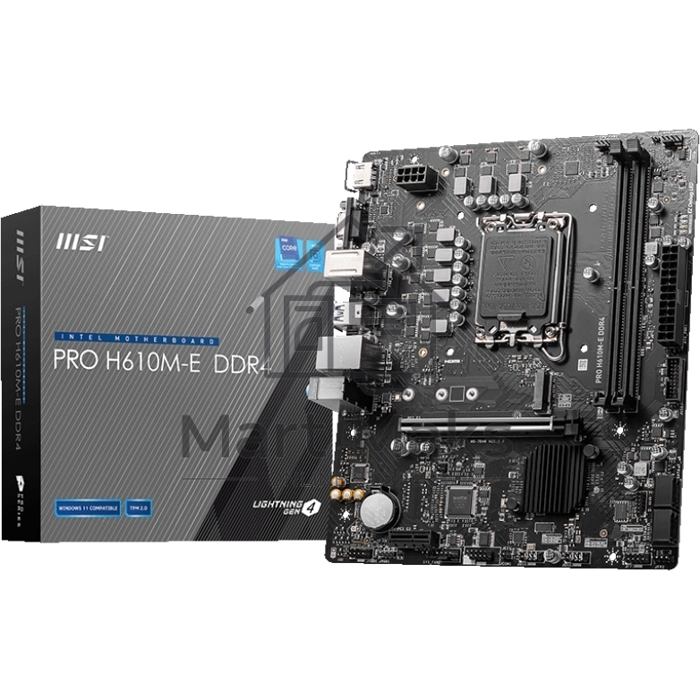 Материнская плата MSI PRO H610M-E DDR4, LGA 1700, Intel H610, 2xDDR4, 4xSATA, 1xM.2, 1xPCIe 4.0 x16, 1xPCIe 4.0 x1, 1xHDMI, 1xVGA, 1xRJ45 1Gb, 2xUSB-A 3.2 Gen 1, 4xUSB-A 2.0, 3x3.5мм, 7.1, mATX