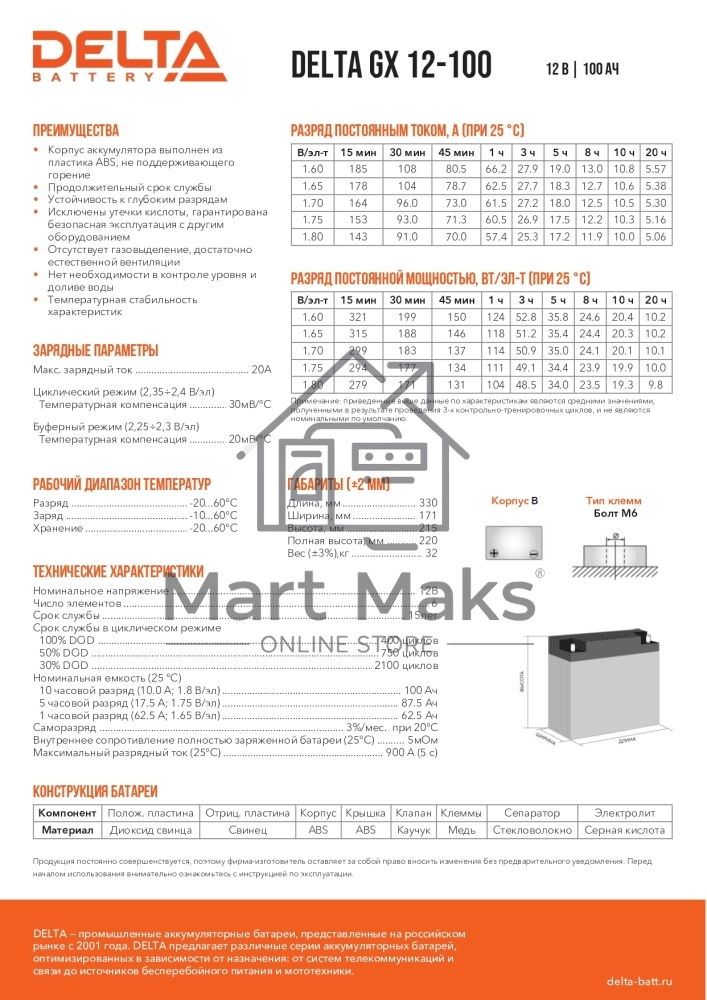 Батарея для ИБП Delta GX 12-100 (12V, 100Ah)