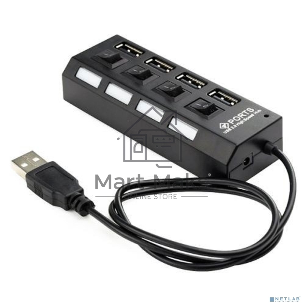 Концентратор USB 2.0 Gembird UHB-243-AD с подсветкой и выключателем, 4 порта, блистер