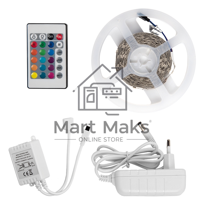 Лента светодиодная GLS-5050-30-7.2-12-IP20-PRO-RGB-5-KIT готовый комплект 5м с адаптером и IR контроллером