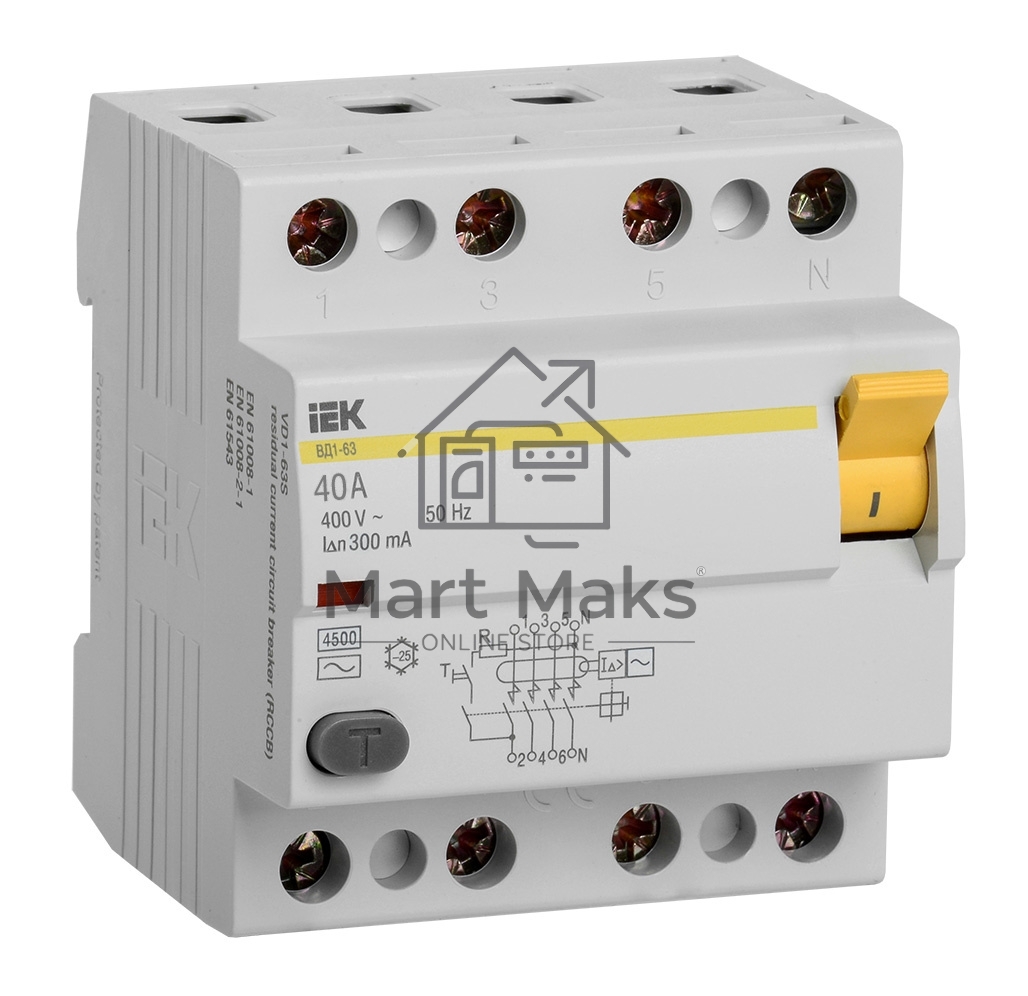 Выключатель дифференциальный тока Iek MDV10-4-040-300 УЗО ВД1-63 4Р 40А 300мА ИЭК