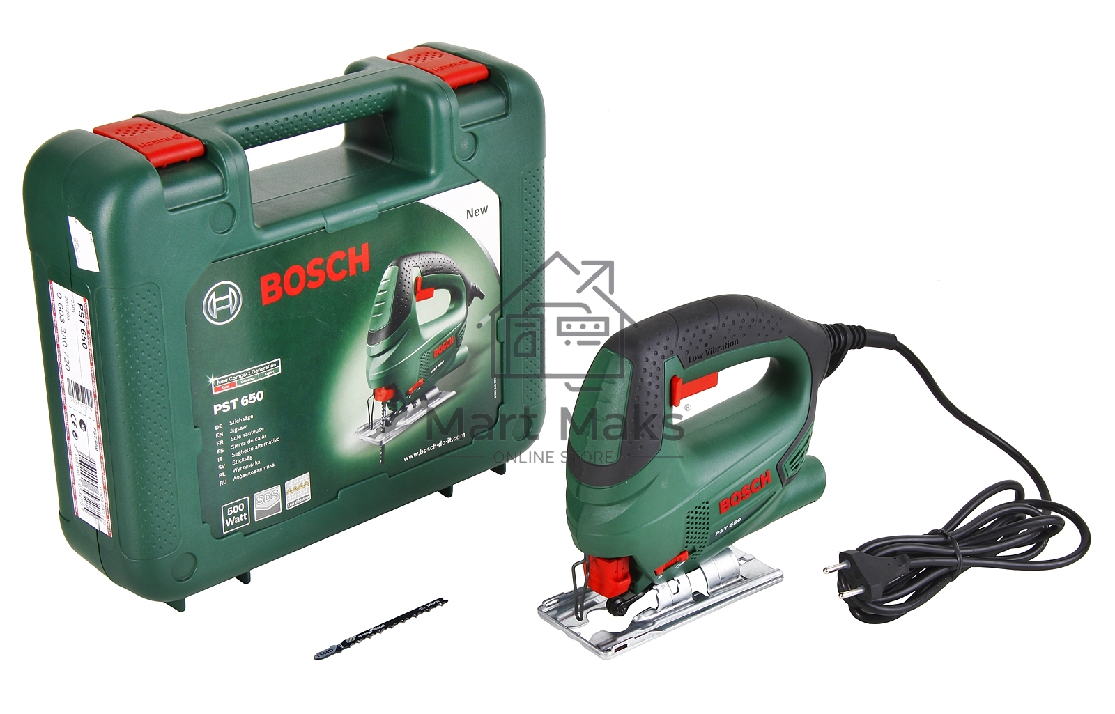 Лобзик Bosch PST 650 Лобзик, Номинальная потребляемая мощность 500 Вт,Выходная мощность 300 Вт,Число Ходов на холостом ходу 3.100 мин-1,Масса 1,6 кг06033A0720 