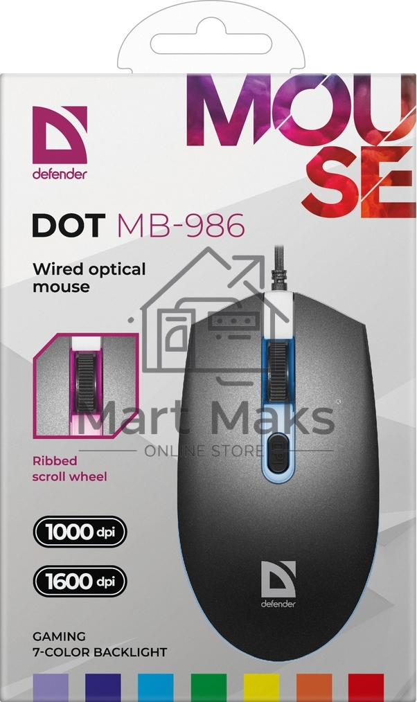 Мышь проводная Defender Dot MB-986 черный, 1600 dpi, USB, кнопки - 4